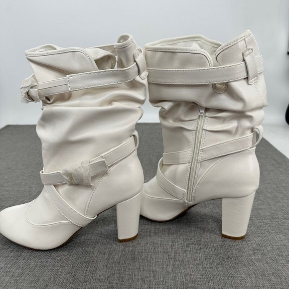 Bamboo Daystar Boots Mid Calf 9 Off White Zipper Brand New Scrunched 3” Heels - Picture 8 of 16